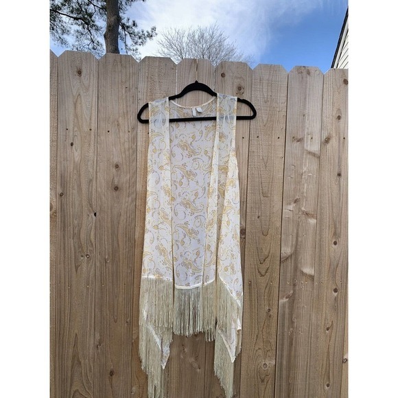 Cato Size Large Sleeveless Cardigan Fringe Paisley Light Pale Yellow Boho - Picture 2 of 6